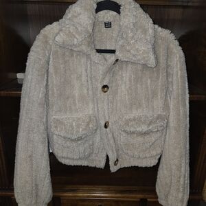 SHEIN Cream Teddy Jacket with Button Detail